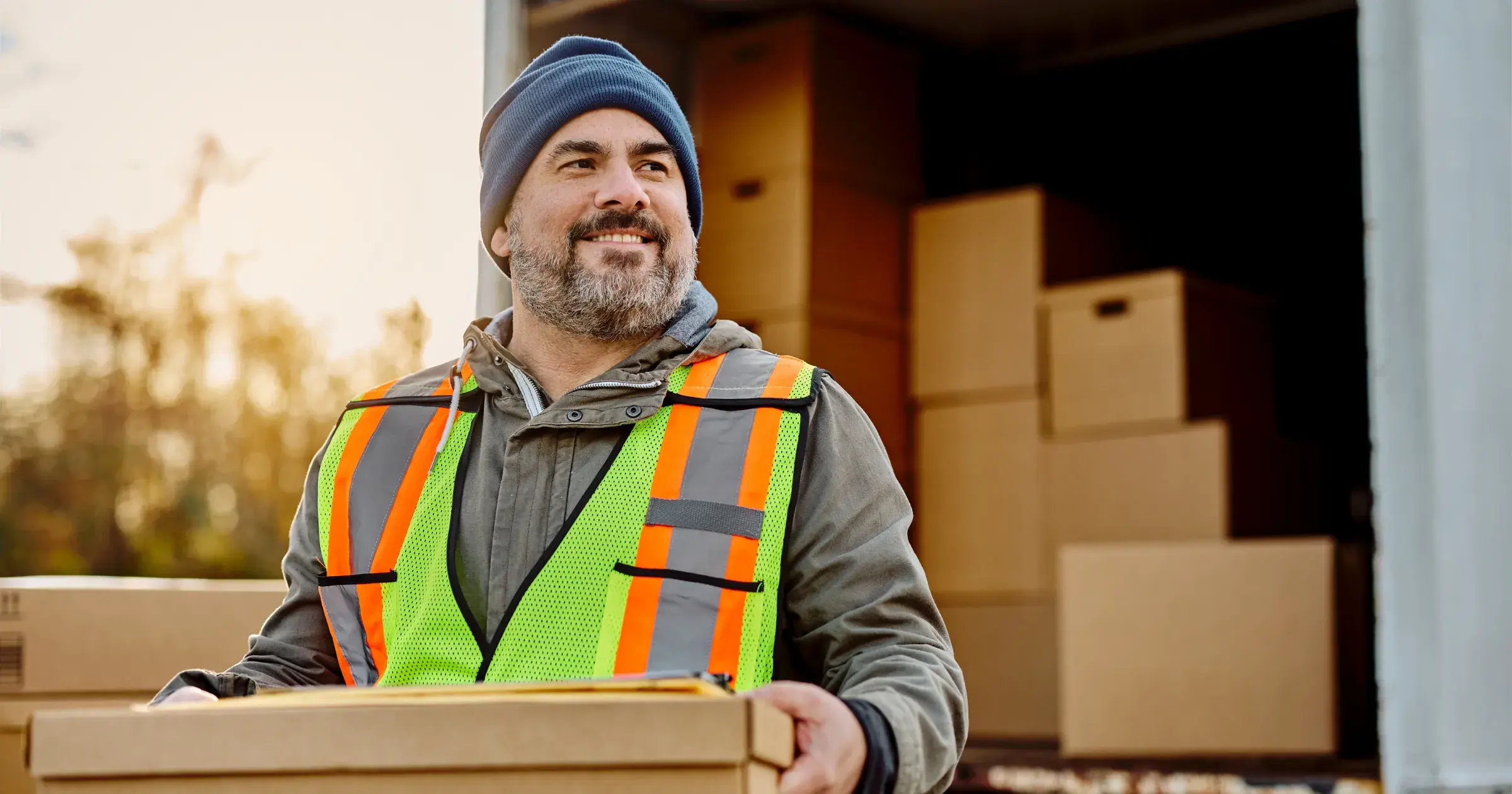 Man with a beard carrying a box out of a trailer smiling 