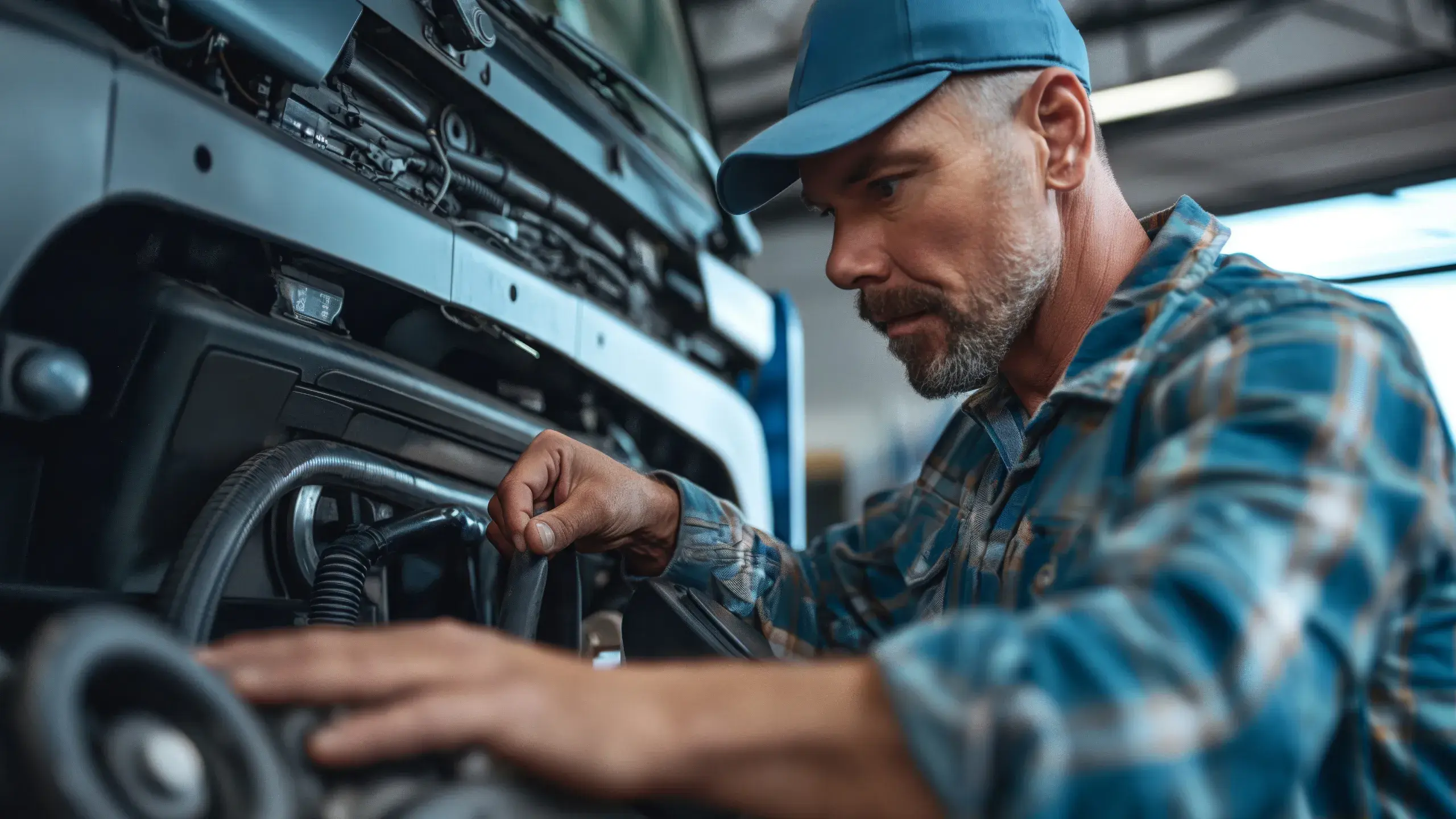 Truck driver analyzing truck